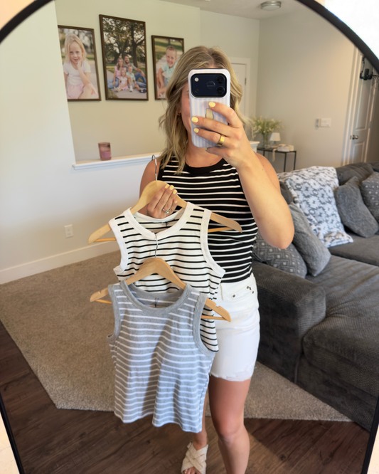 Stripe Tank w Shelf Bra: Grey/White