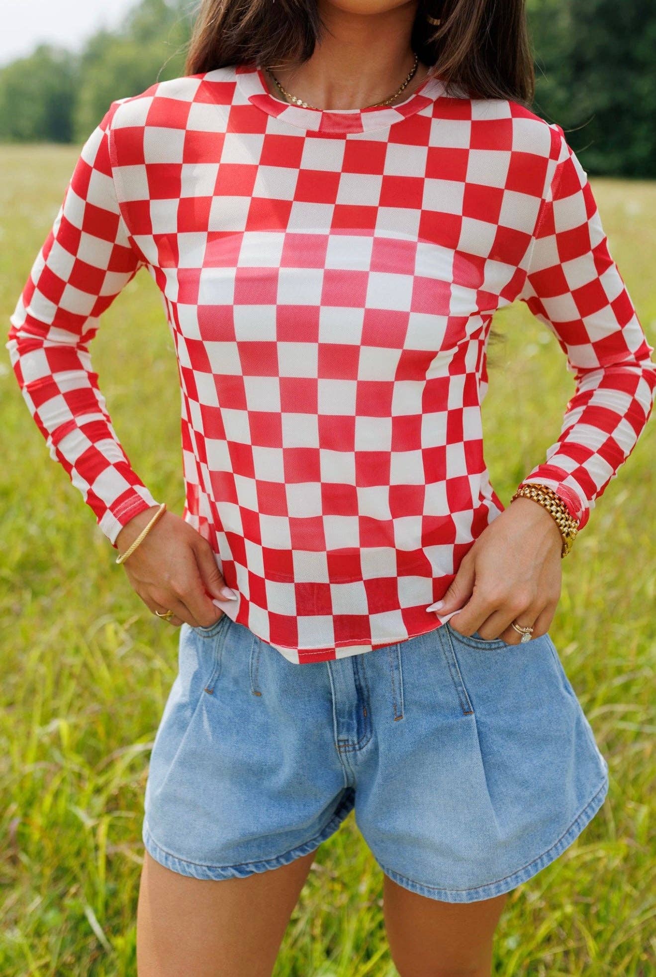Red Checkerboard Mesh Top