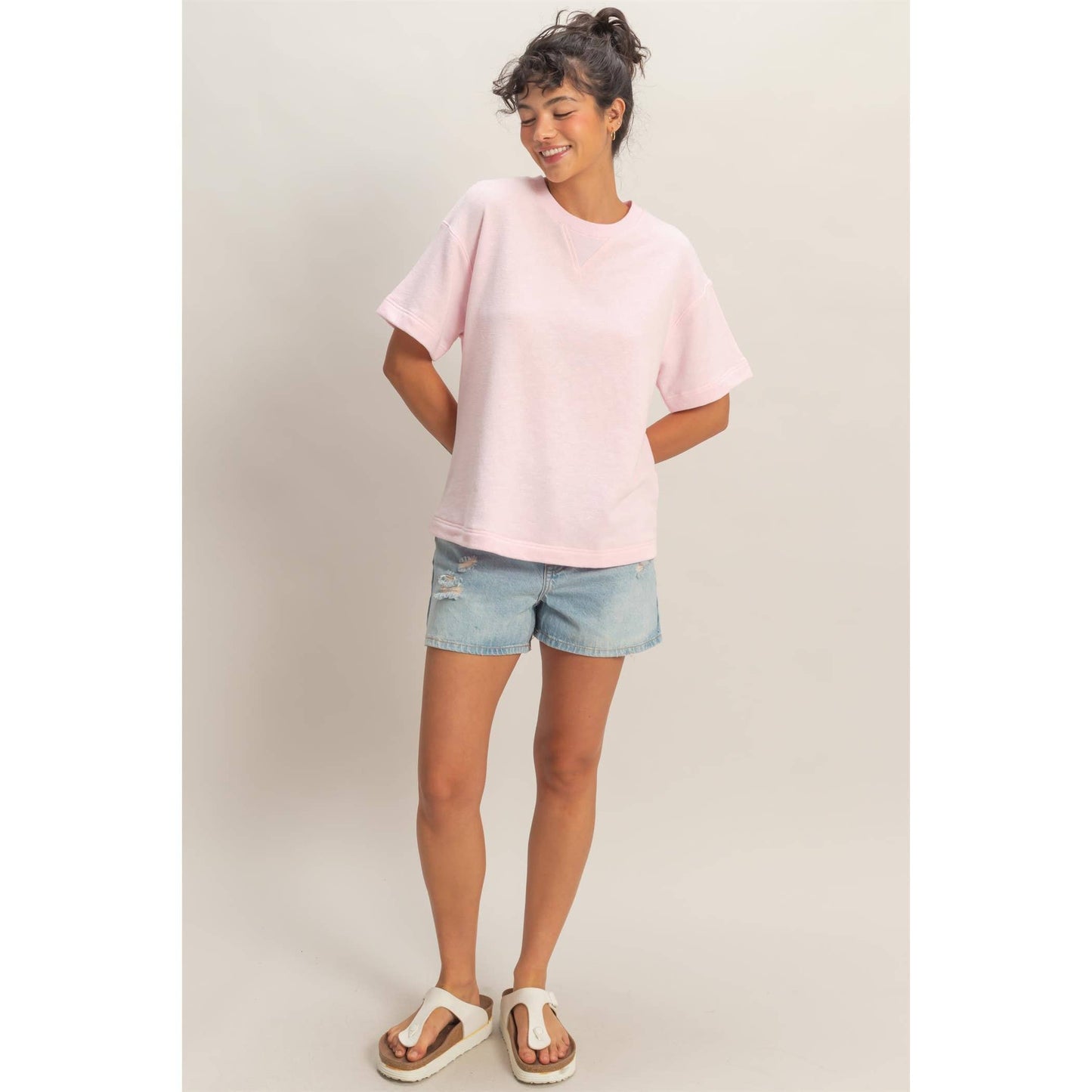 Crew Neck Short Sleeve Top: SOFT PINK