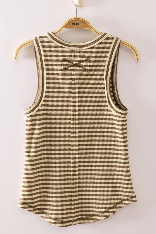 Striped Button Down Fitted Knit Tank Top: MOCHA STRIPE