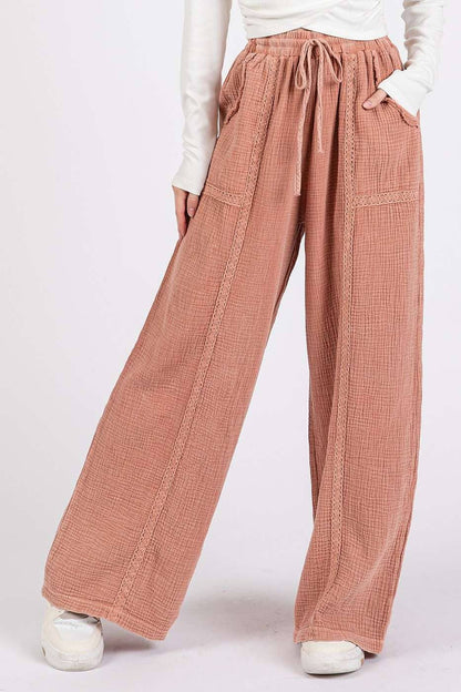 Lace Detail Elastic Waist Gauze Pants