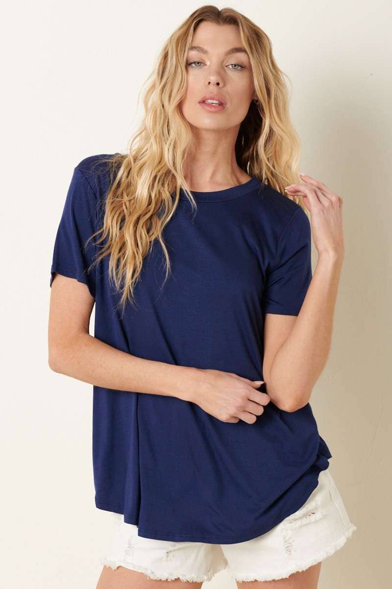 BAMBOO ROUND NECK SHORT SLEEVE TOP-NAVY