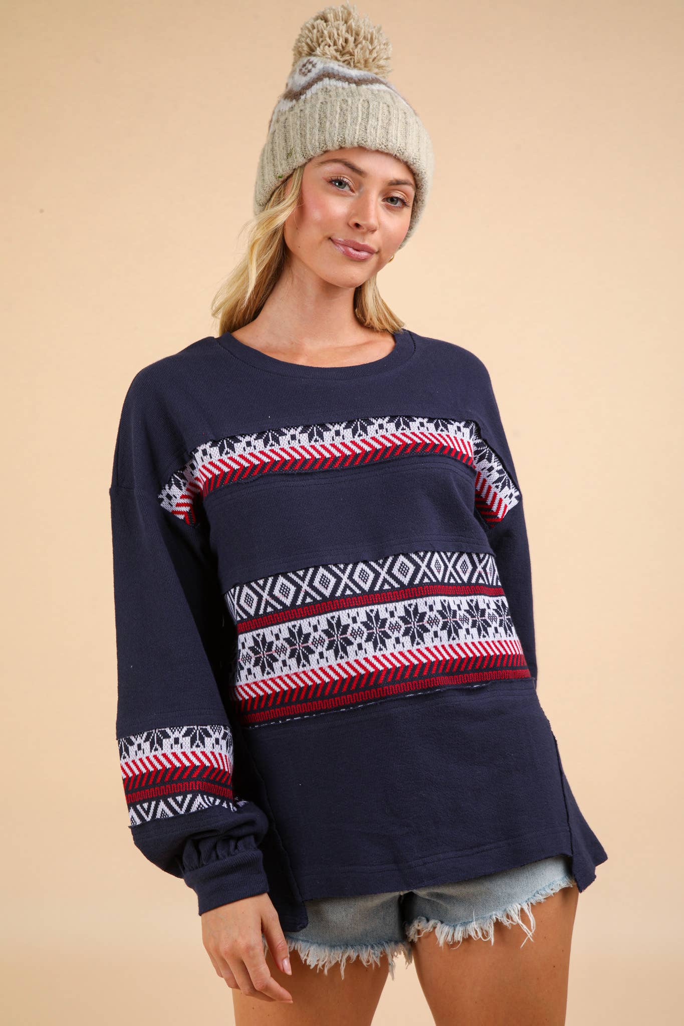 Oversized Printed Contrast Knit Top (Navy)