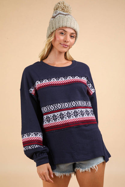 Oversized Printed Contrast Knit Top (Navy)