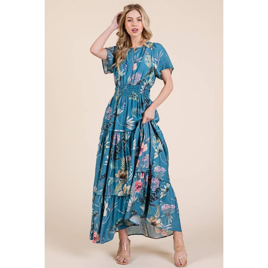 Floral Print Split Neck Tiered Maxi Dress: BLUE COMBO