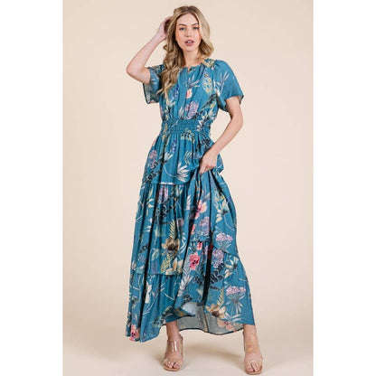 Floral Print Split Neck Tiered Maxi Dress: BLUE COMBO