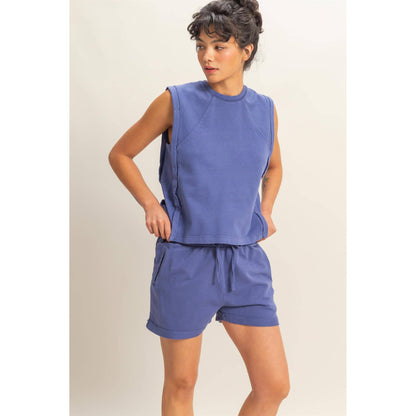 Round Neck Sleeveless Top: DUSTY INDIGO