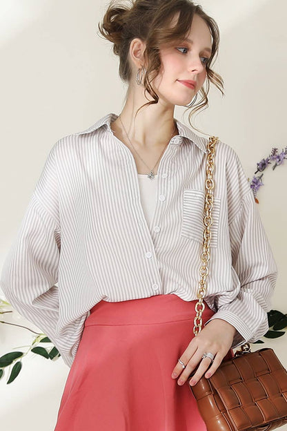 Striped Button Down Long Sleeve Shirt: GREYWHITE