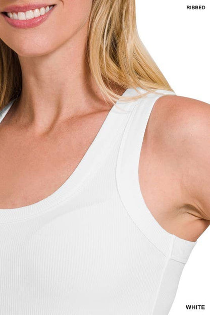 Ribbed Scoop Neck Tank Top: WHITE