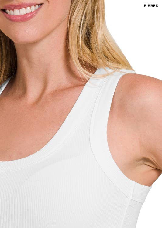 Ribbed Scoop Neck Tank Top: WHITE