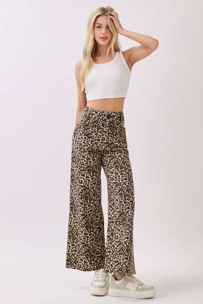 Stretch Twill Leopard Wide Leg Pants: BROWN