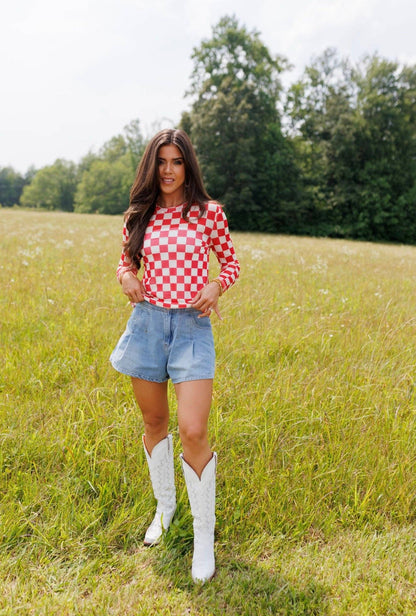 Red Checkerboard Mesh Top