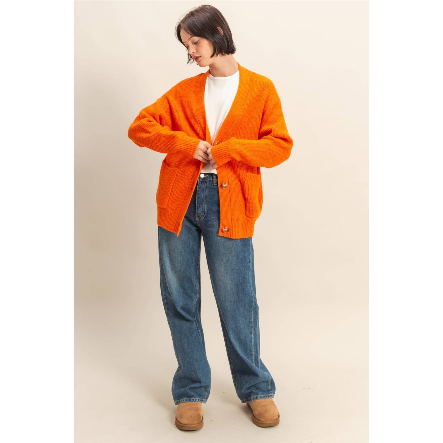 Oversized Cardigan With Front Pockets: ORANGE