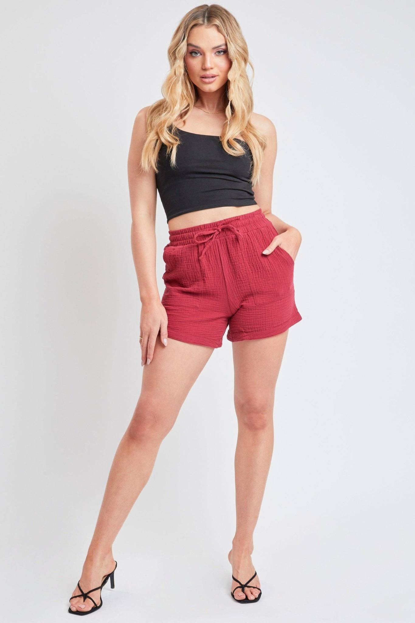 Gauze Drawstring Banded Hem Shorts