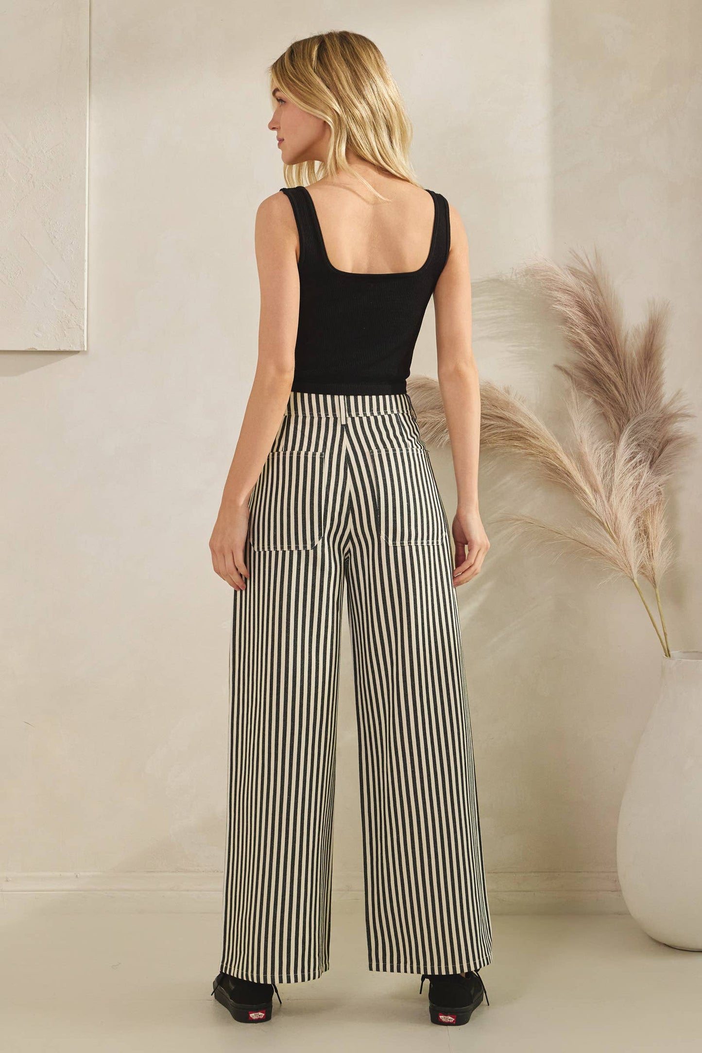 Lightweight Twill Stripe Wide Leg Pants (black)