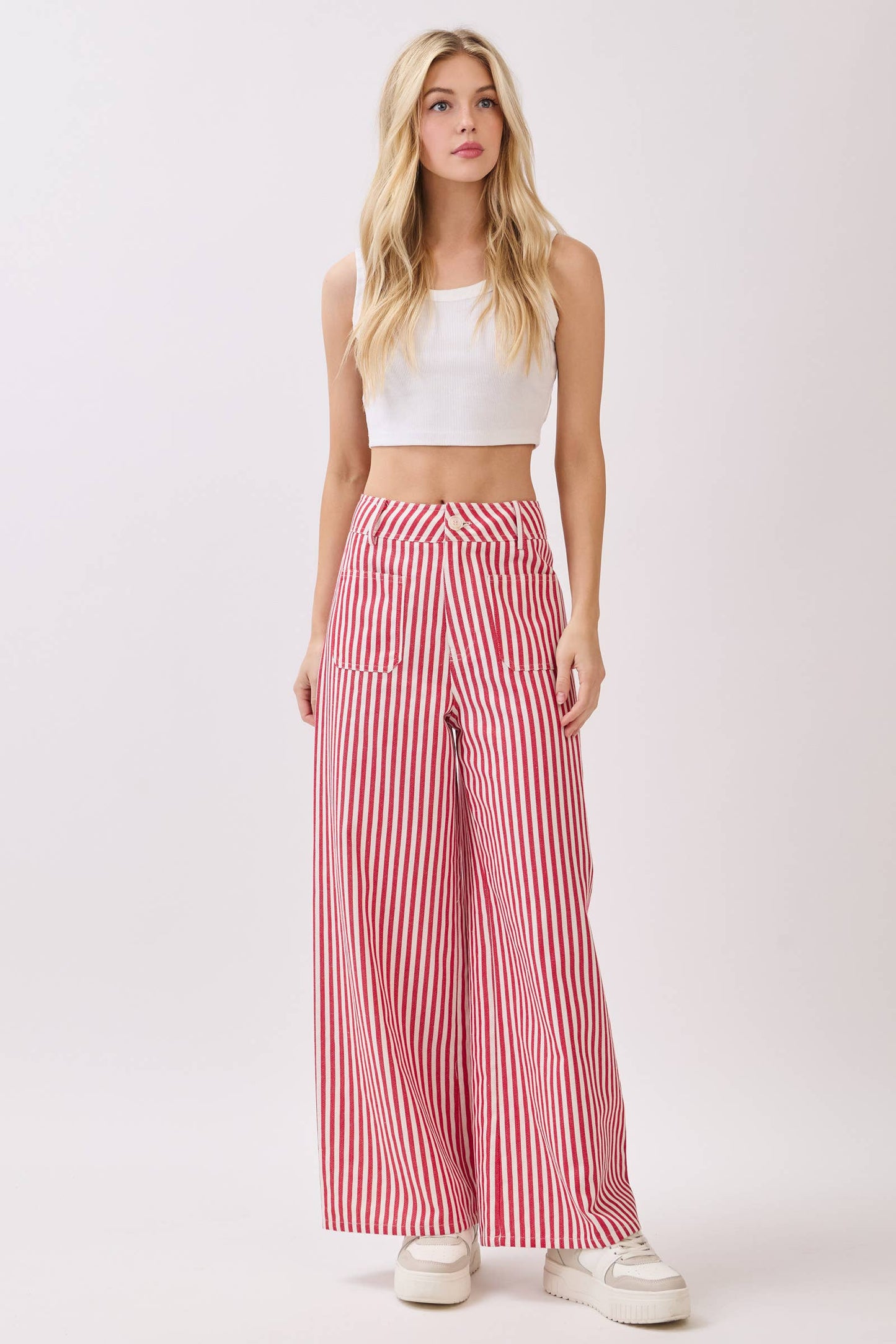 Lightweight Twill Stripe Wide Leg Pants (RED)