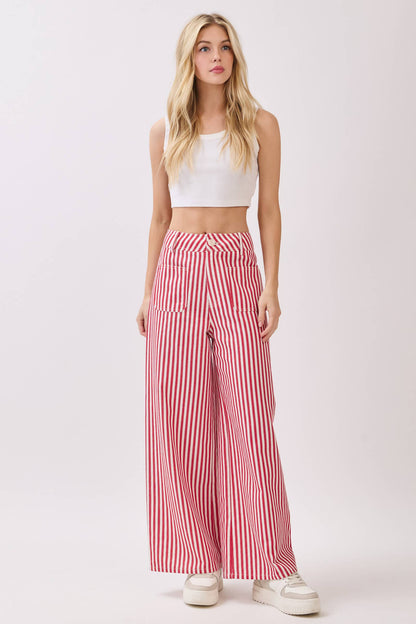 Lightweight Twill Stripe Wide Leg Pants (RED)