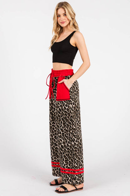 LEOPARD PRINT TERRY WIDE LEG PANTS