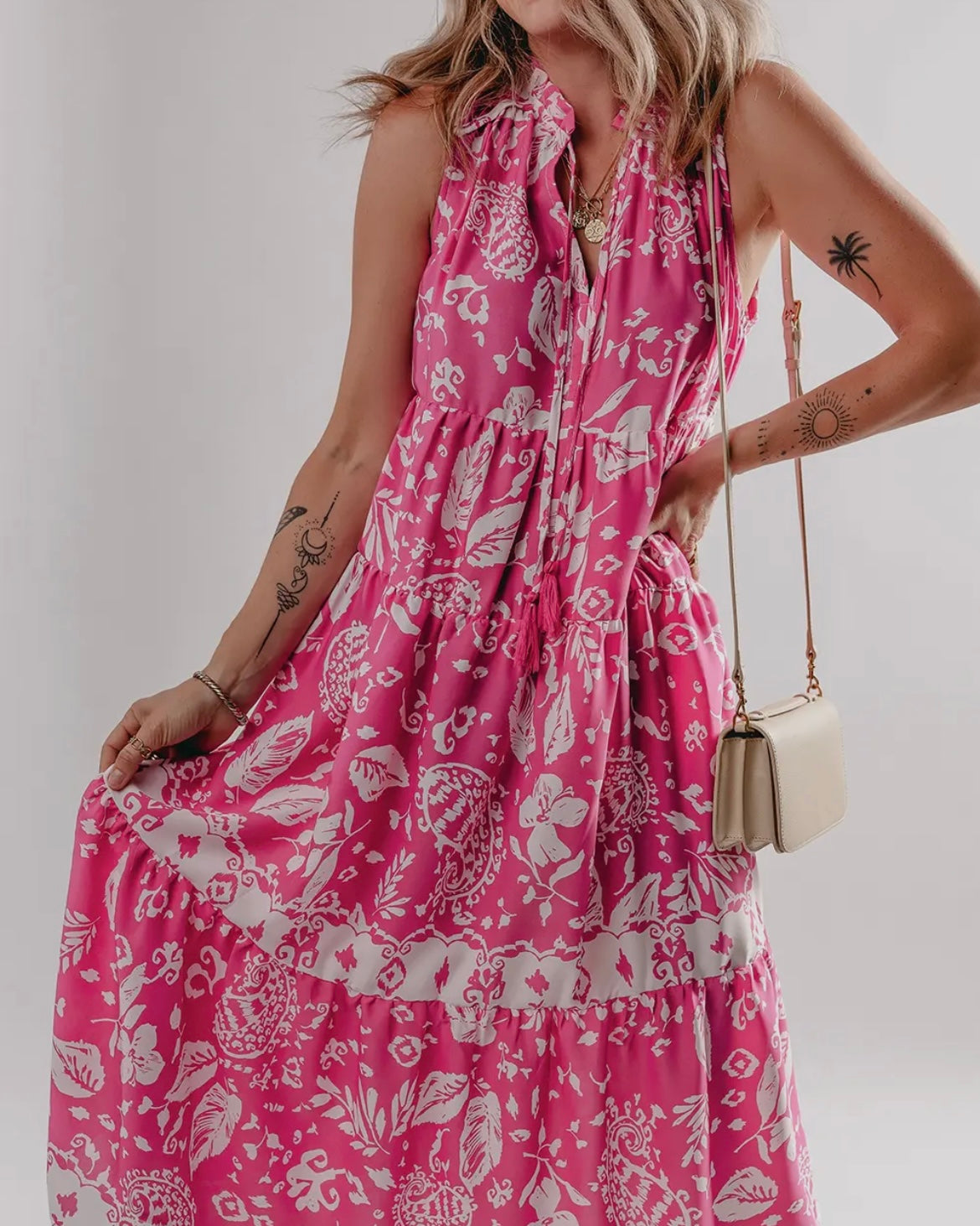 Floral V Neck Tiered Midi Dress