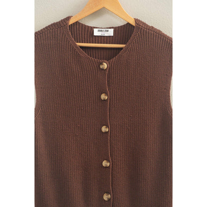 Sleeveless Button-Up Ribbed Vest: CHOCOLATE