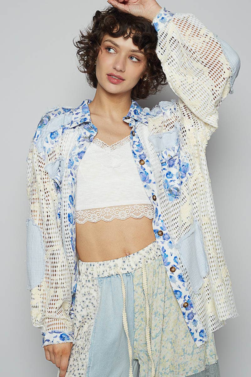 Blue Crochet Lace Floral Top