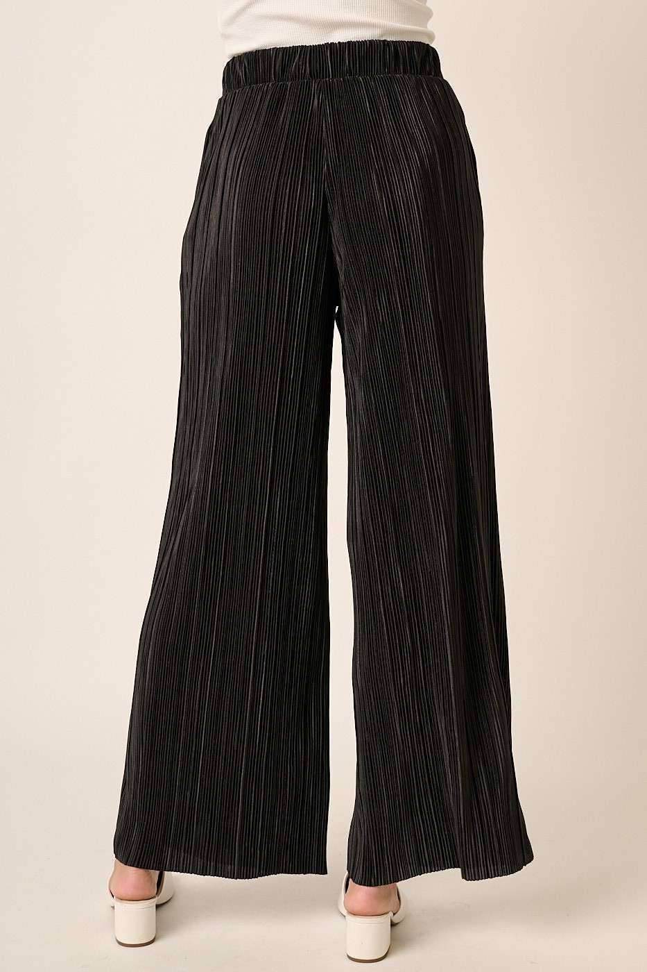 PLEATED SATIN ELASTIC WAIST WIDE LEG PANTS