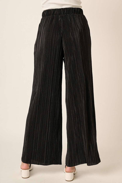 PLEATED SATIN ELASTIC WAIST WIDE LEG PANTS