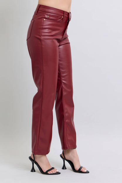 Faux Leather Tummy Control High Waisted Straight: Red