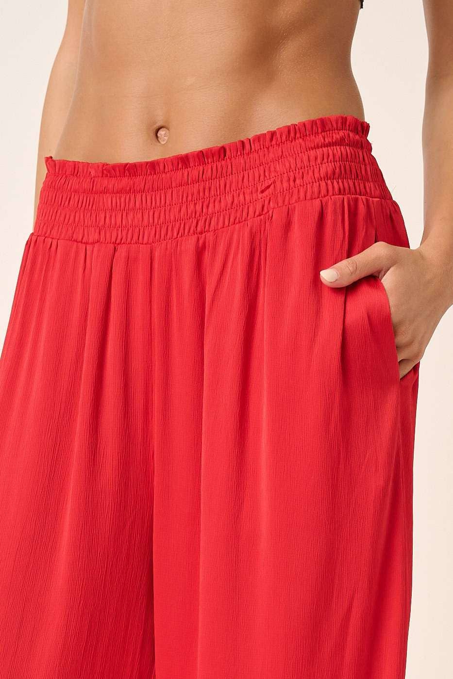 SATIN SMOCKED WAIST WIDE LEG PANTS