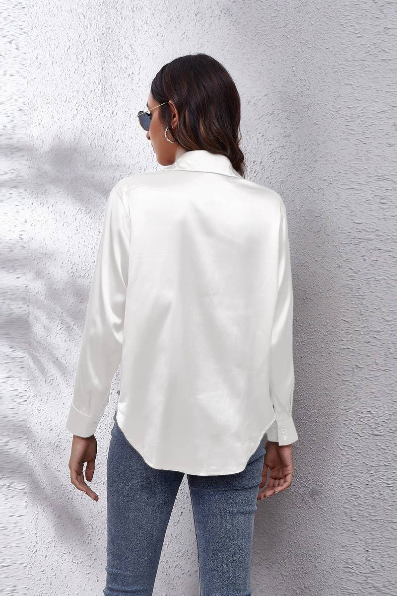 Button Down Satin Long Sleeve Top: White