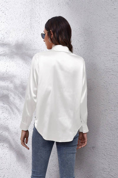 Button Down Satin Long Sleeve Top: White