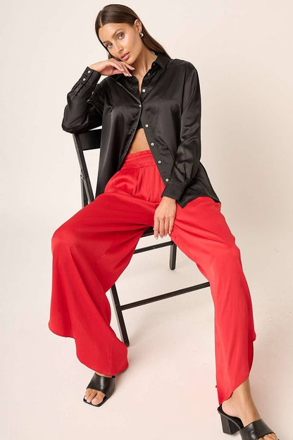 SATIN SMOCKED WAIST WIDE LEG PANTS