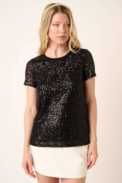SEQUIN SHORT SLEEVE KNIT TOP
