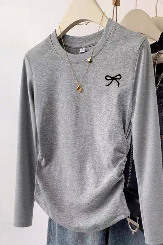 GREY LONG-SLEEVED ROUCHED BOW TOP