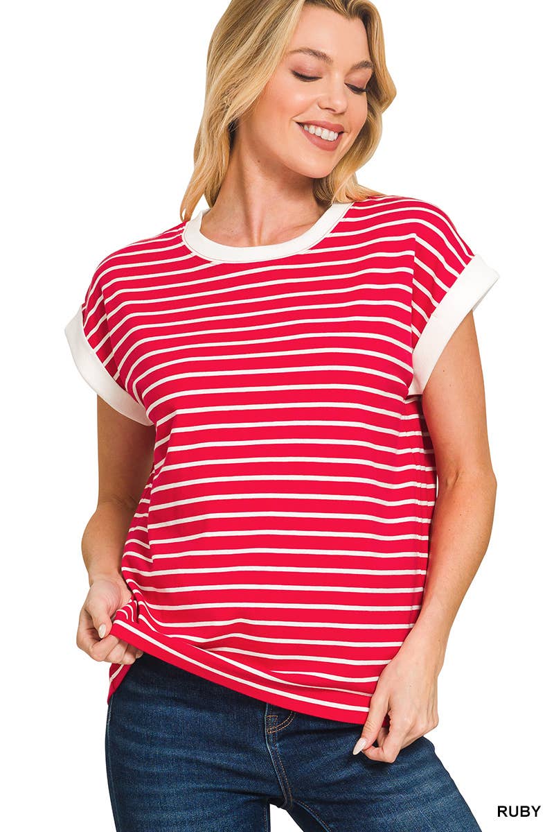 Red Stripe Cap Sleeve Tee