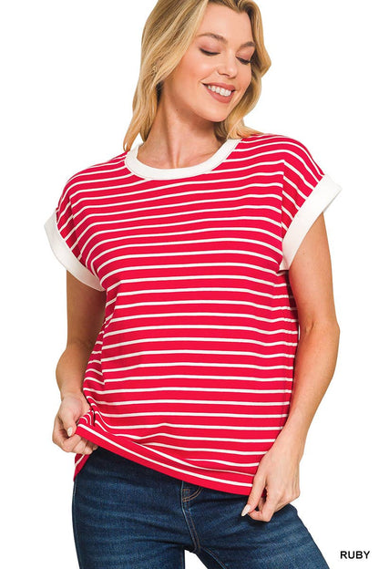 Red Stripe Cap Sleeve Tee
