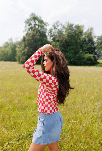 Red Checkerboard Mesh Top