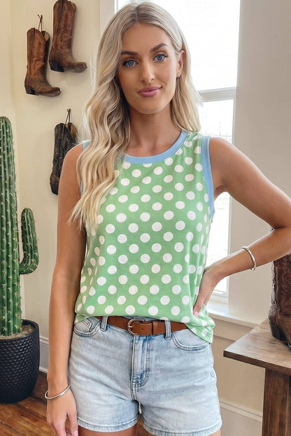 Polka Dot Contrast Trim Tank: Green