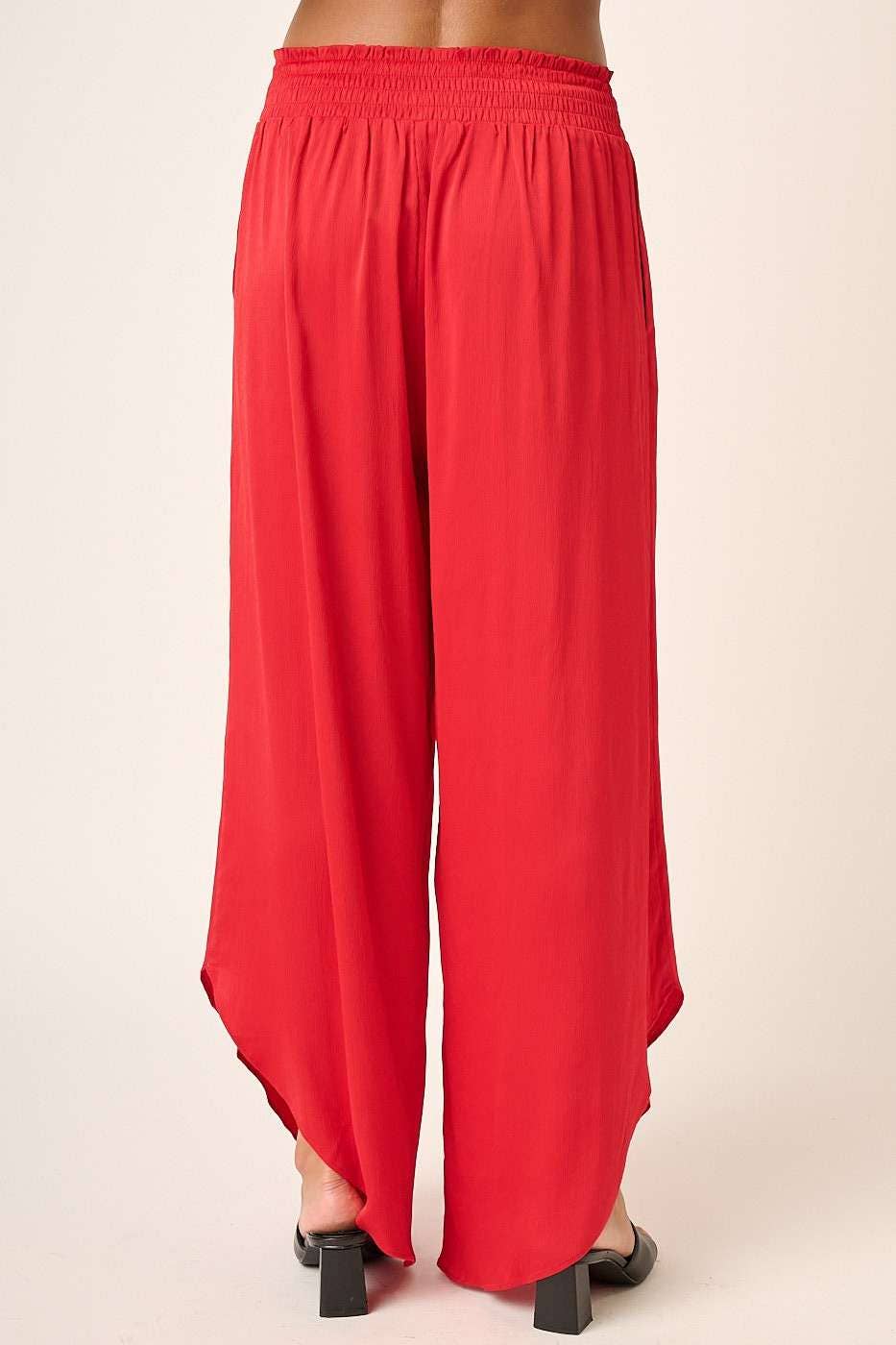 SATIN SMOCKED WAIST WIDE LEG PANTS