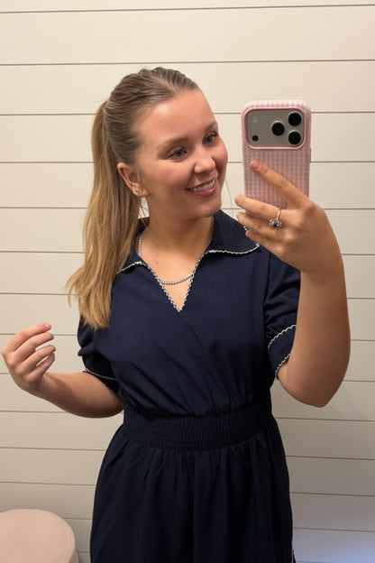 Smocked Waist Navy Dress