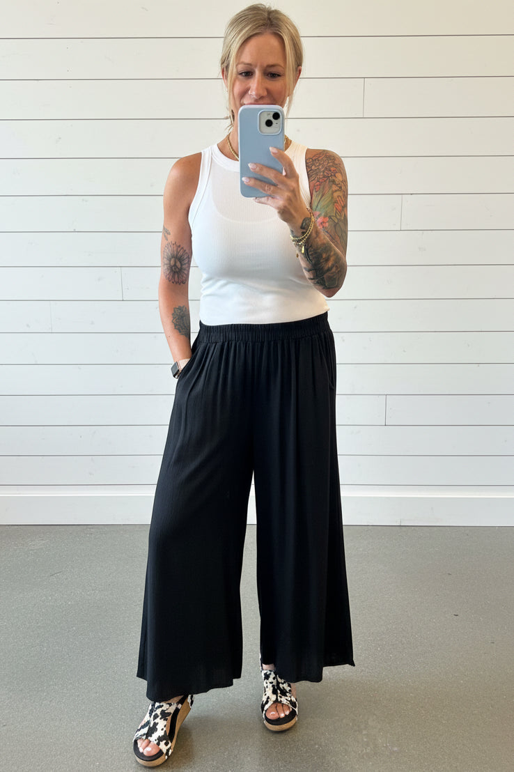 Black Linen Blend Wide Leg Pants