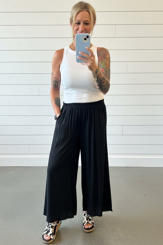 Black Linen Blend Wide Leg Pants