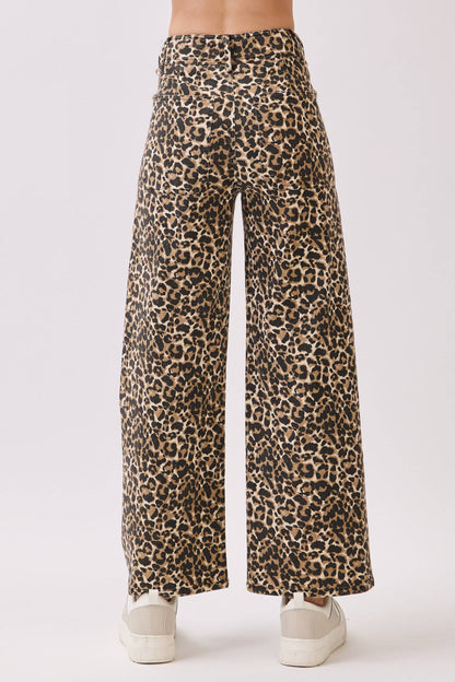 Stretch Twill Leopard Wide Leg Pants