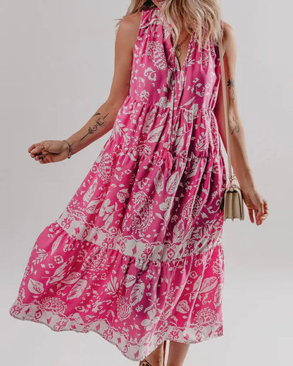 Floral V Neck Tiered Midi Dress