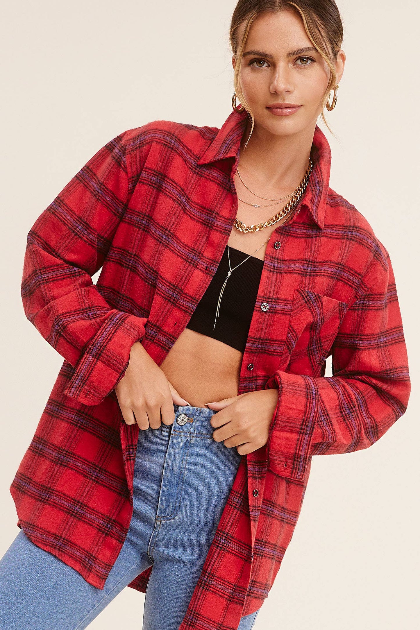 Loose Fit Soft Fabric Plaid Shirt (Red)