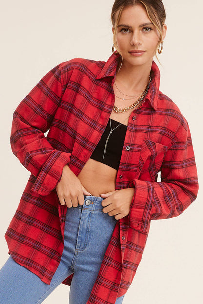 Loose Fit Soft Fabric Plaid Shirt (Red)