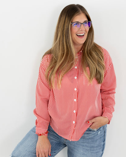 Red Striped Button Down Long Sleeve Shirt
