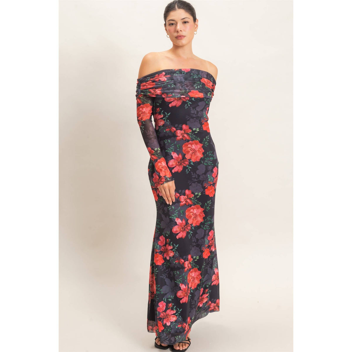 Off Shoulder Floral Mesh Dress