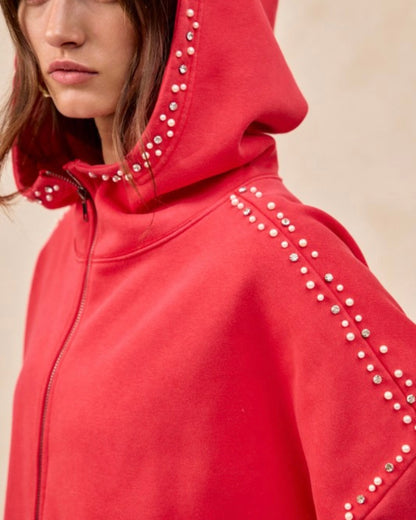 Brushed Terry Half Zip Red Bejeweled Hoodie