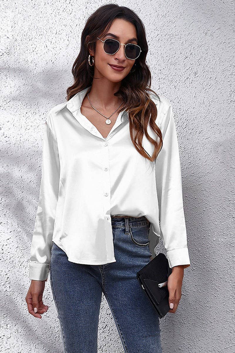 Button Down Satin Long Sleeve Top: White